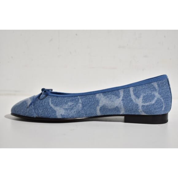 Chanel 23B Printed Denim Blue White CC Logo Bow Tie Ballet Ballerina Flat 39.5 - Picture 9 of 12